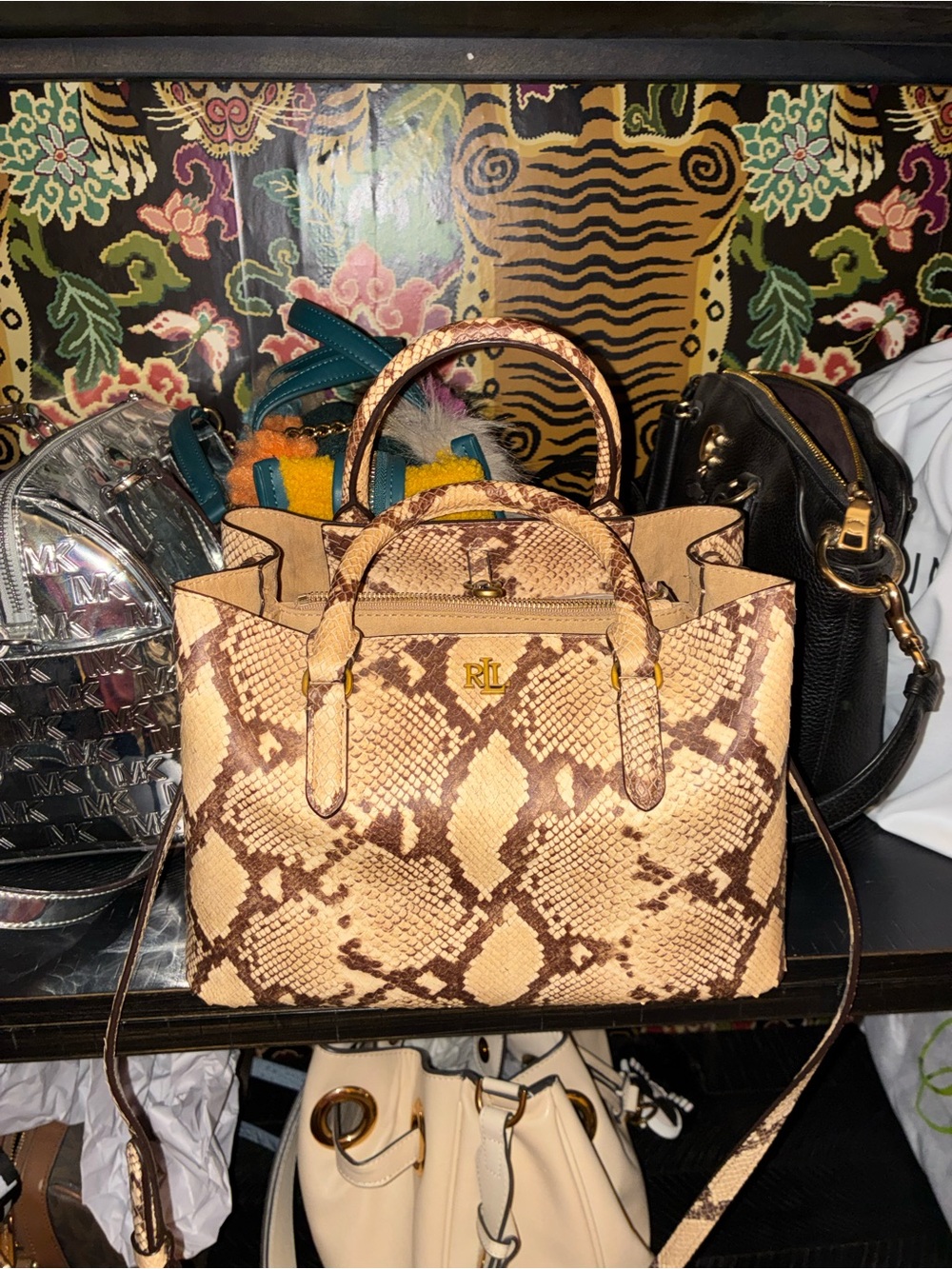 Ralph Lauren Tan Snake-Print Leather Satchel